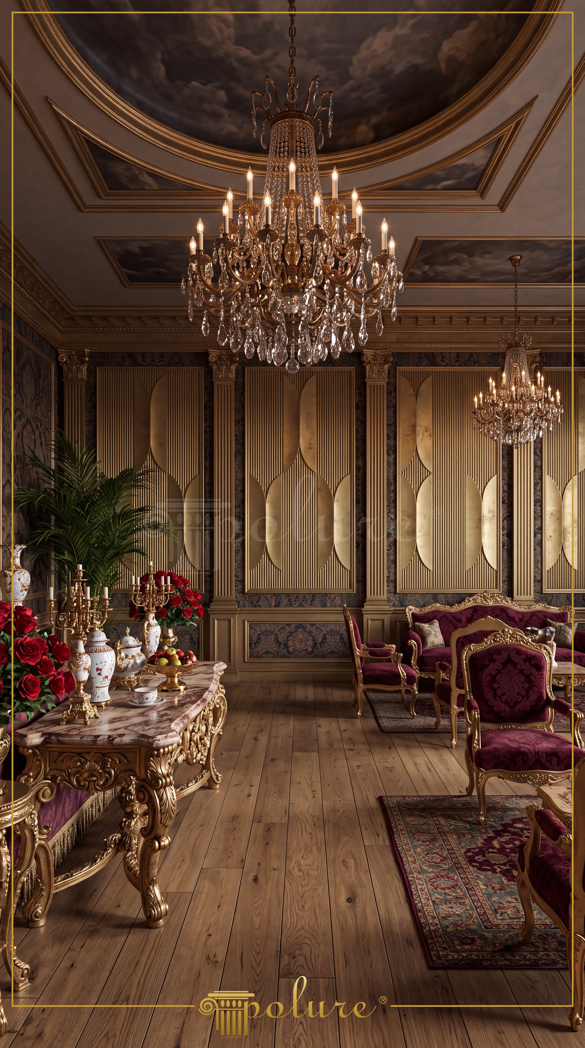 Altın sarısına boyanmış dikey çizgili poliüretan paneller ve pilaster sütunlar, bordo koltuklar ve altın dresuar ile dekore edilmiş gösterişli salon.