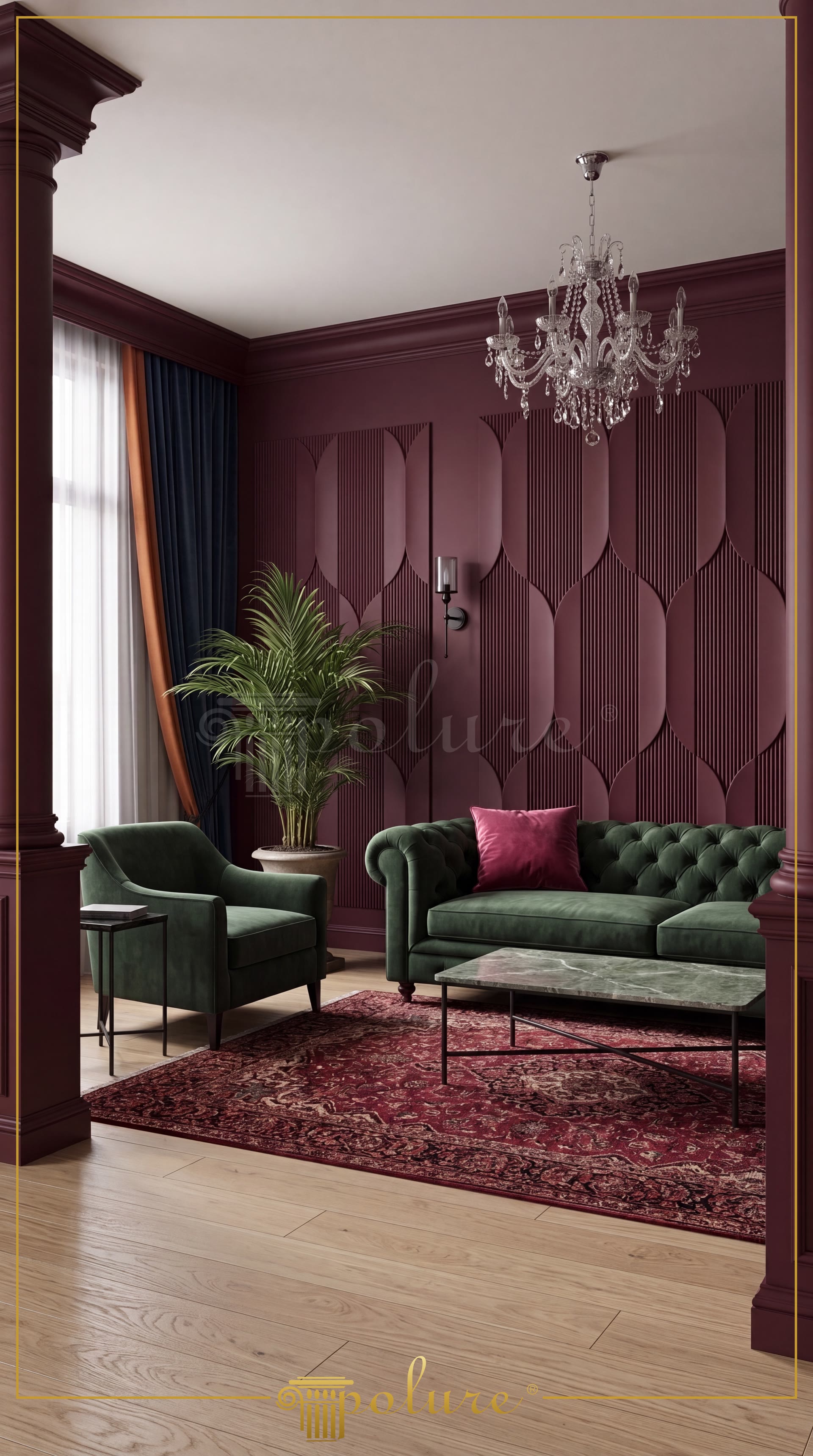 Bordo duvar panelleri ile dekore edilmiş, yeşil kadife koltuk ve kristal avize bulunan modern ve şık salon