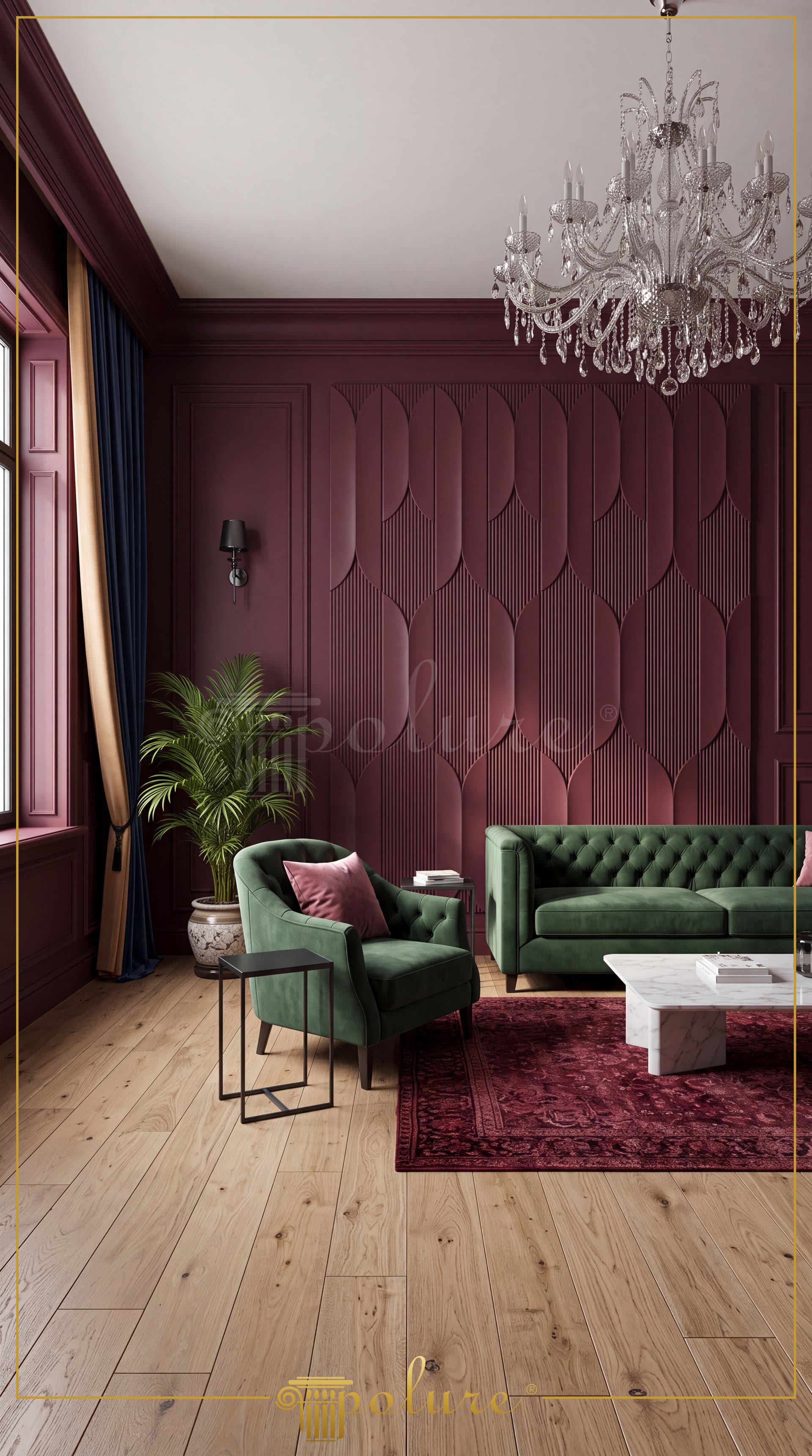 Bordo boyalı dikey poliüretan paneller, yeşil tekli koltuk ve saksı bitkisi ile dekore edilmiş modern salon