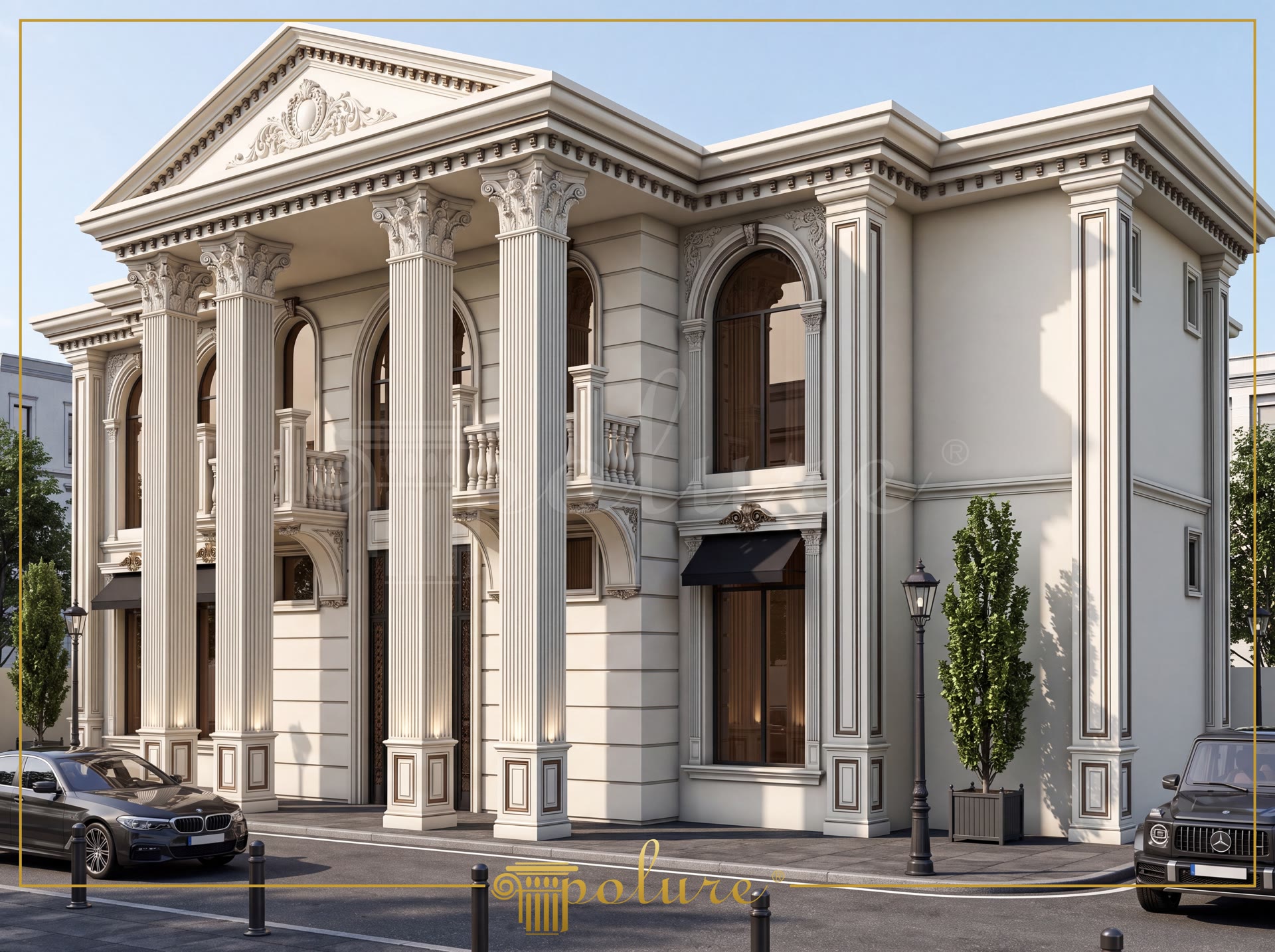 Üçgen alınlık, devasa yivli sütunlar ve kemerli pencere söveleriyle dekore edilmiş görkemli klasik villa dış cephesi.