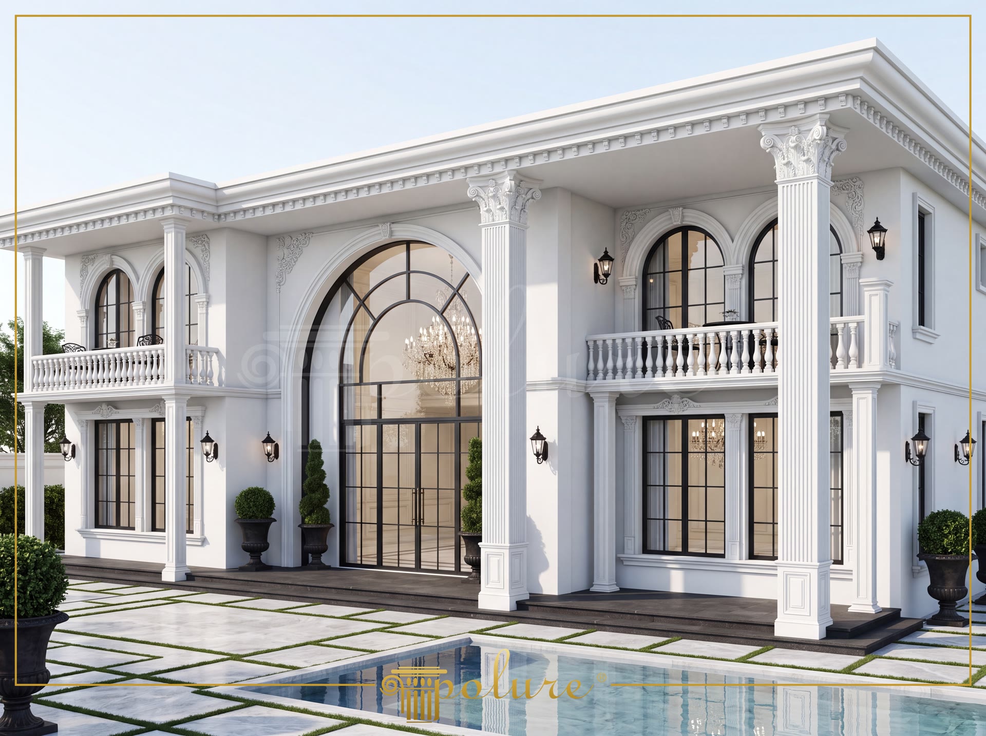 Büyük camlı kemer girişi, yivli dev sütunları ve zarif balkon tırabzanları ile dekore edilmiş beyaz renkli lüks klasik villa dış cephesi.