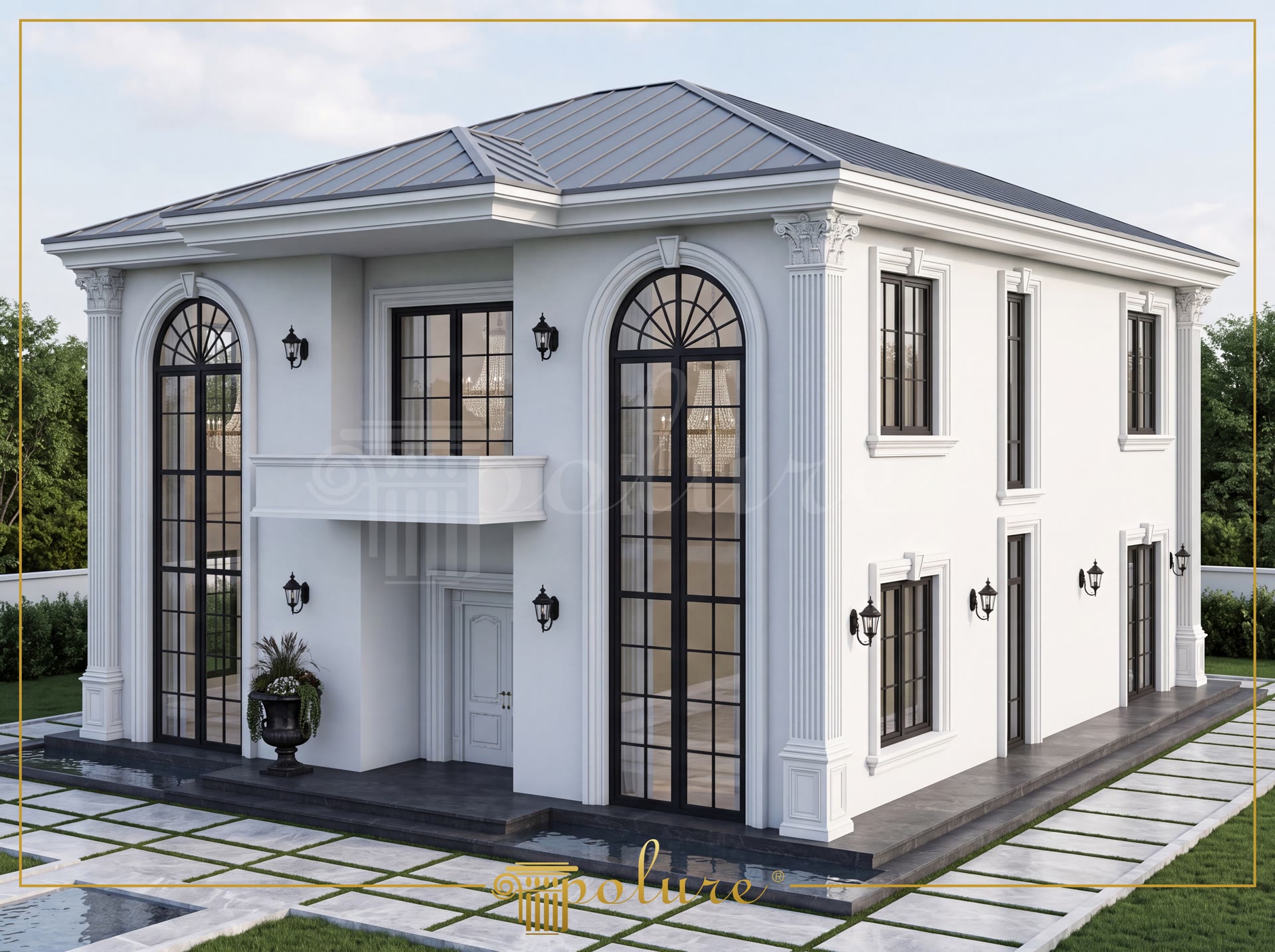 Geniş bahçe içindeki iki katlı beyaz villada kullanılan kavisli poliüretan söveler ve pilaster sütunlar.