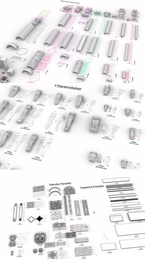Poliüretan dekorasyon ürünleri, katalog sayfasında farklı modeller halinde sıralanıyor.