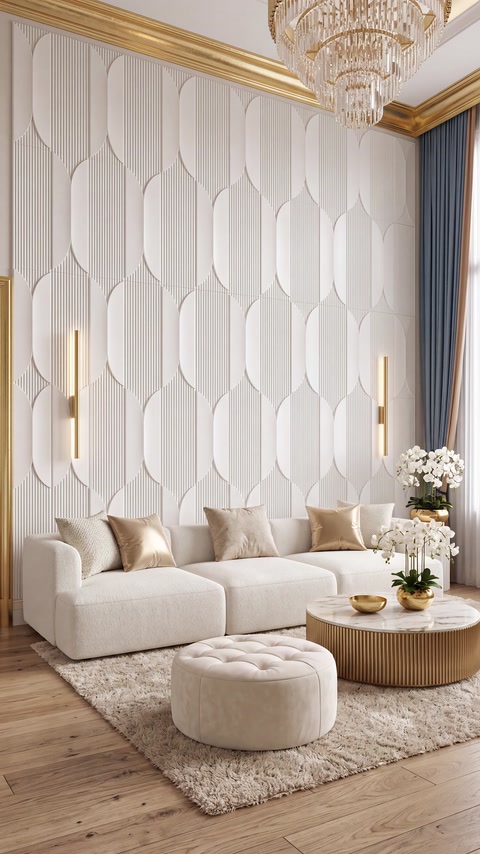 Kemer desenli üç boyutlu duvar panelleri bulunan modern salon