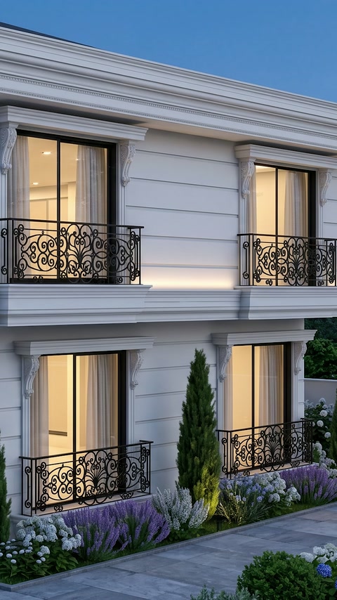 Pencere söveleri, kat silmeleri ve balkon korkuluklarıyla tamamlanan villa cephesi