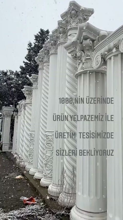 Dış mekânda sıralı sütunlar, farklı klasik süsleme seçeneklerini gösteriyor.