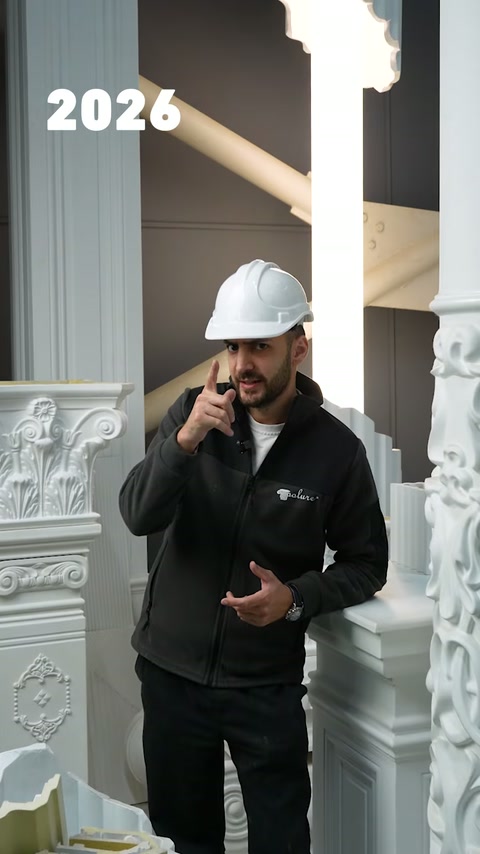 Baretli görevli sergileme alanındaki klasik sütun modellerini tanıtıyor