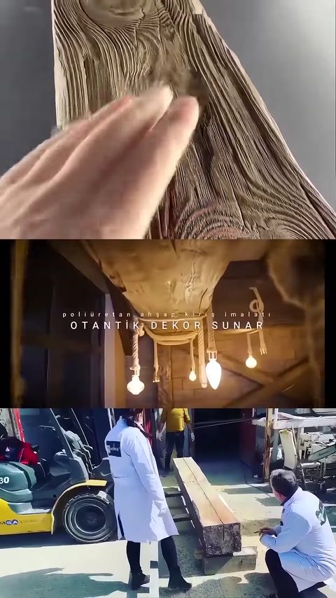 El ile incelenen derin damarlı rustik kiriş yüzeyi görülüyor