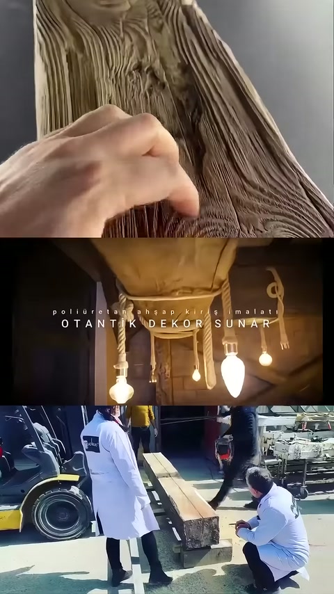 Ahşap dokulu kirişteki kabartılı damarlar parmaklarla kontrol ediliyor