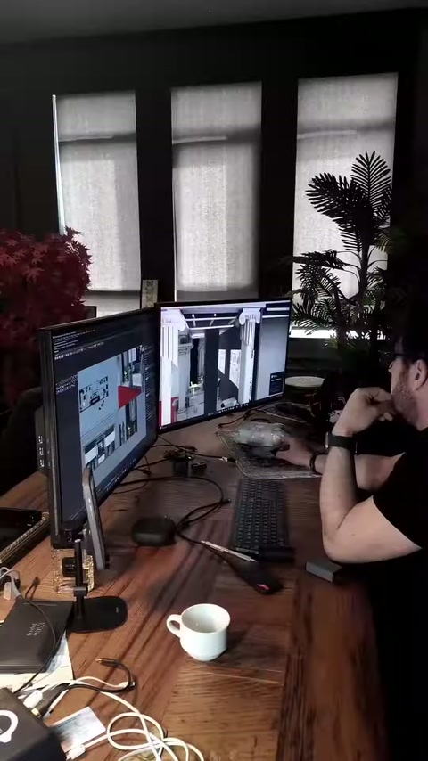 Çalışma odasında video kurgu ekranları ve düzenleme masası görülüyor