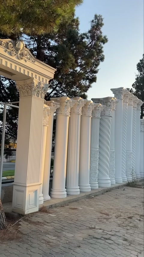 Bahçe kenarında çeşitli gövde desenlerine sahip beyaz sütunlar sergileniyor