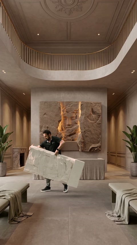 Uygulayıcı salonda kabartmalı panel modülünü yerleşim alanına taşıyor.