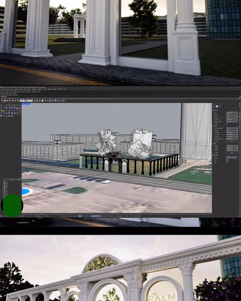 Beyaz kemer ve sütun sisteminin üst açıdan render görünümü