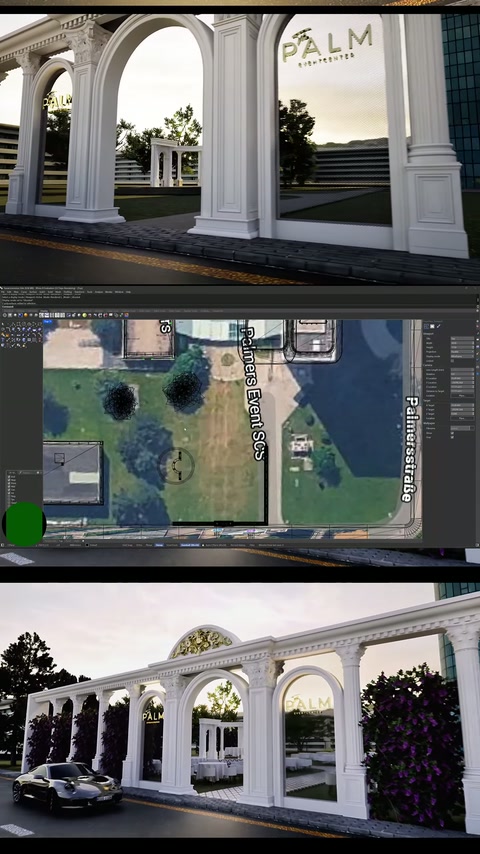 Pilasterli kemer açıklıkları, çevre planıyla birlikte 3D ortamda değerlendiriliyor.