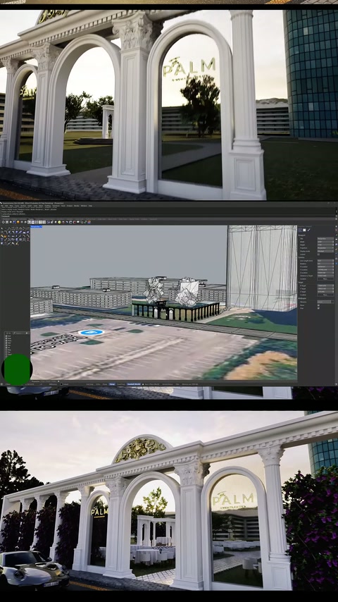 Uzun sütun sırası, düğün mekanı kütlesinin 3D tasarımını çevreliyor.