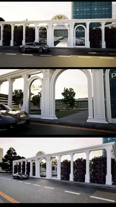 Tekrarlanan kemerler ve koyu bitki panelleri, 3D cephede gösteriliyor.