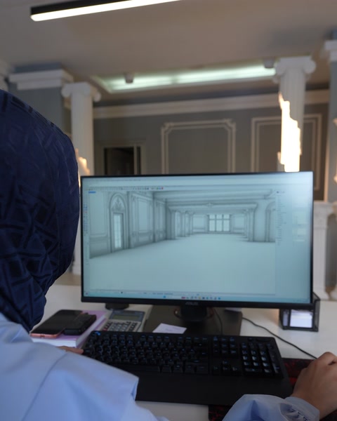 Tasarımcı kemerli koridor iç mekân render üzerinde çalışıyor