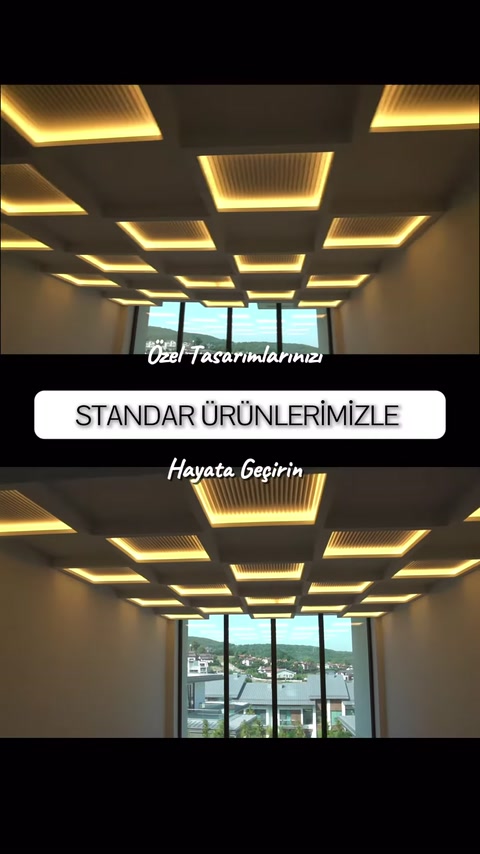 Farklı boyutlardaki dikdörtgen armatürler tavanda düzenli sıralanıyor