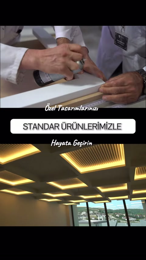 Usta profil birleşimini sabitlerken dekoratif tavan düzeni altta sergileniyor