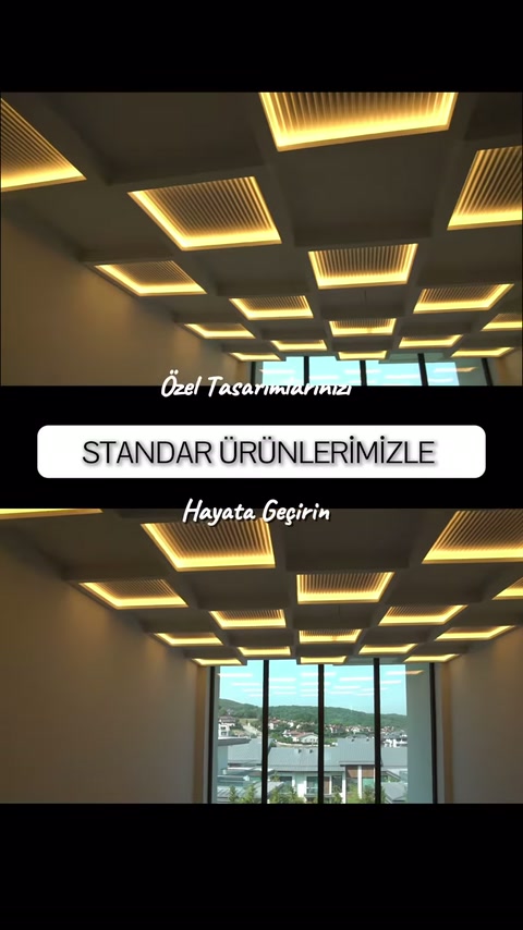 Yakından görülen ışıklı çerçeveler tavanda geometrik bir düzen oluşturuyor