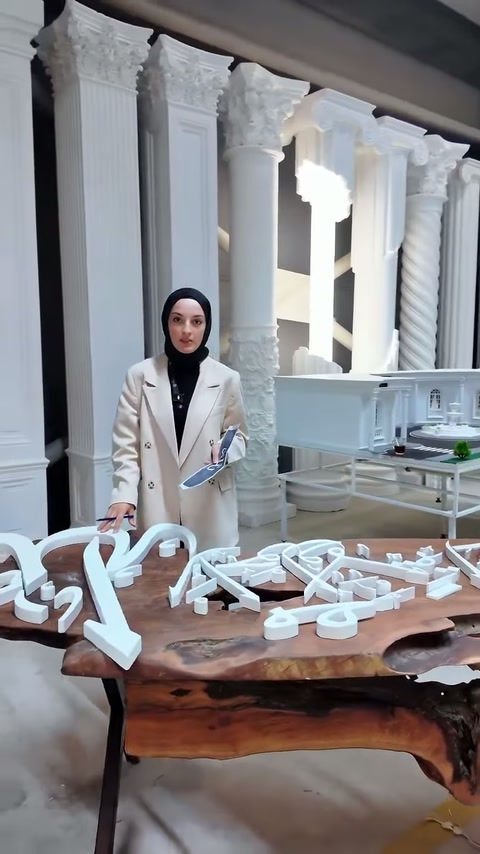 Kesilmiş logo parçaları ahşap yüzey üzerinde düzenli biçimde sunuluyor.