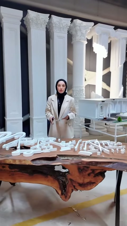 Kavisli beyaz yazı bileşenleri atölye masasında topluca sergileniyor.