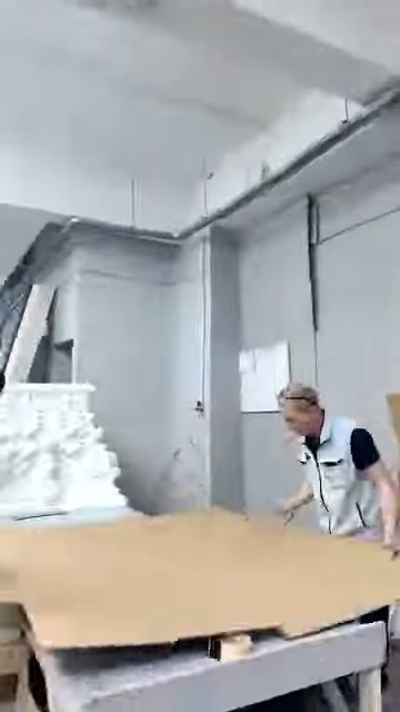 Çalışanlar, karton levhayı beyaz çalışma masasının yanında tutuyor.