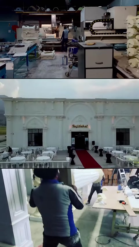 Atölye üretimi, düğün salonu cephesi ve çalışanlar birlikte görülüyor.