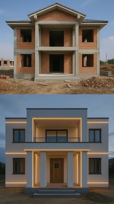 İnşaat halindeki villa ile modern tamamlanmış cephenin karşılaştırması