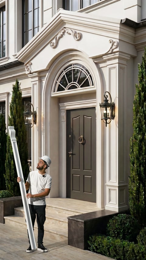 Usta kemerli kapı yanında uzun beyaz profili eğerek inceliyor