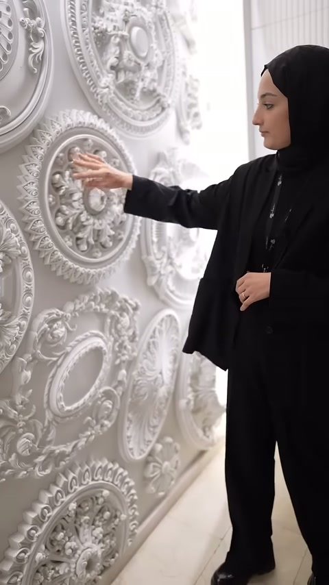 Sunucu, sergilenmiş kabartmalı modelin merkez bölümüne eliyle dikkat çekiyor