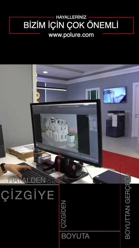 Ofisteki monitörde sütunlu ve kemerli villanın üç boyutlu cephe modeli görülüyor