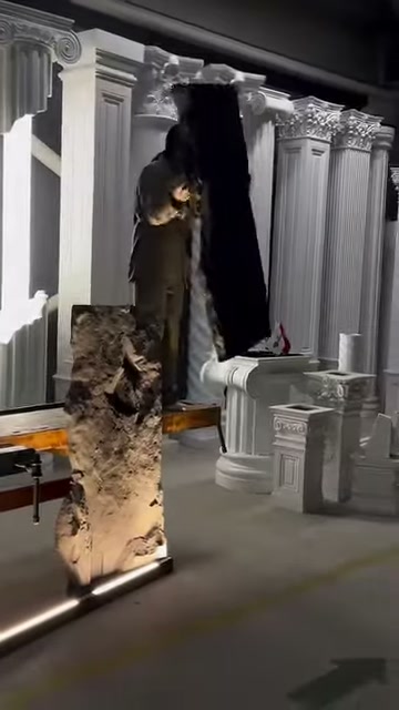 Dekoratif kaya panel, taban aydınlatmasıyla teşhir alanında sergileniyor