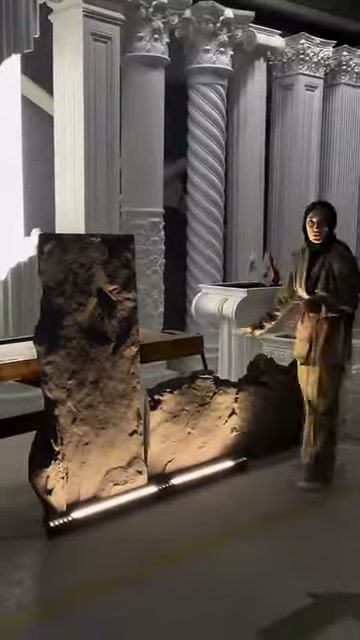 Görevli, farklı yüzeylere sahip kaya panelleri teşhir alanında tanıtıyor