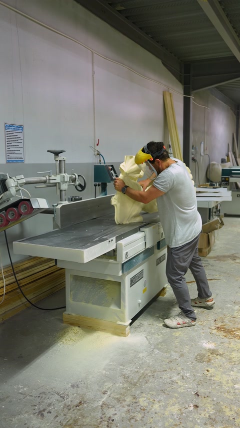 Atölyede poliüretan rölyef parçası makine başında şekillendiriliyor.