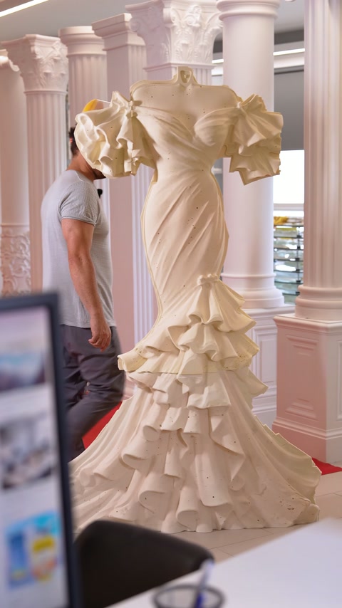 Dekoratif sütun başlığı ve kabartmalı gövde, showroomda yakından görülüyor.