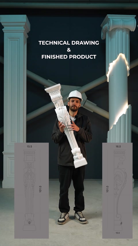 Dekoratif pilaster modeli teknik çizimleriyle birlikte elde sergileniyor
