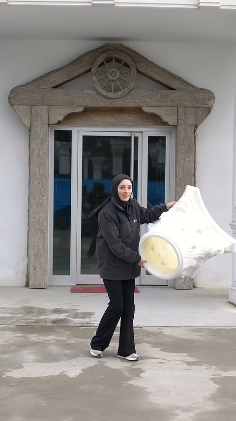 Kadın, poliüretan sütun başlığını giriş önünde çevirerek tanıtıyor