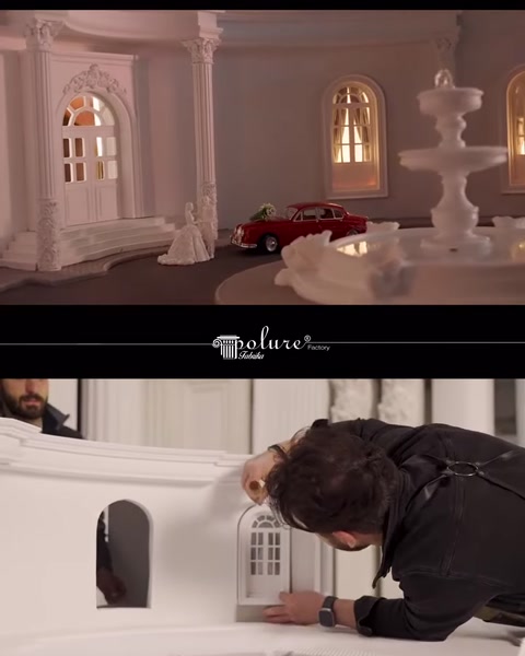 Maket villanın sütunlu cephesi ve dekoratif avlu düzenlemesi