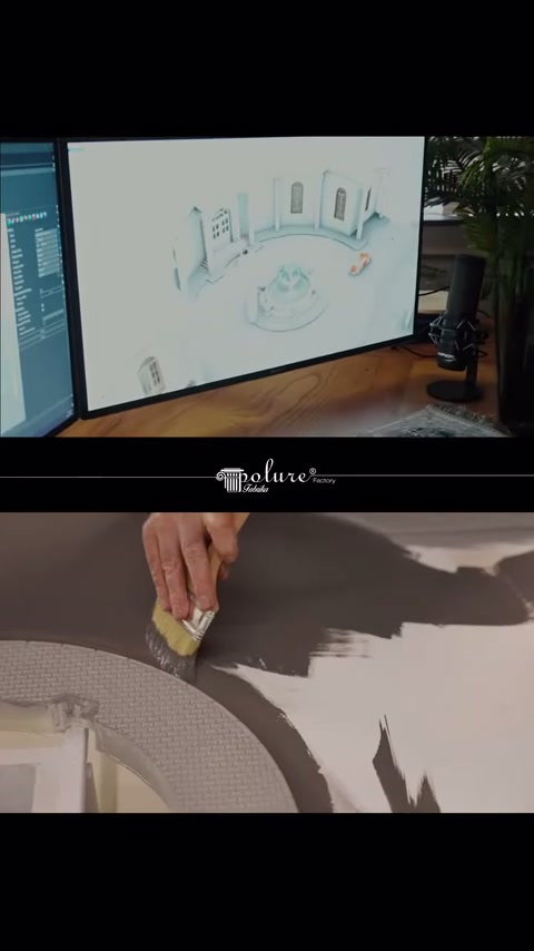 Bilgisayardaki villa tasarımı eşliğinde maket cepheye sütun başlığı yerleştiriliyor