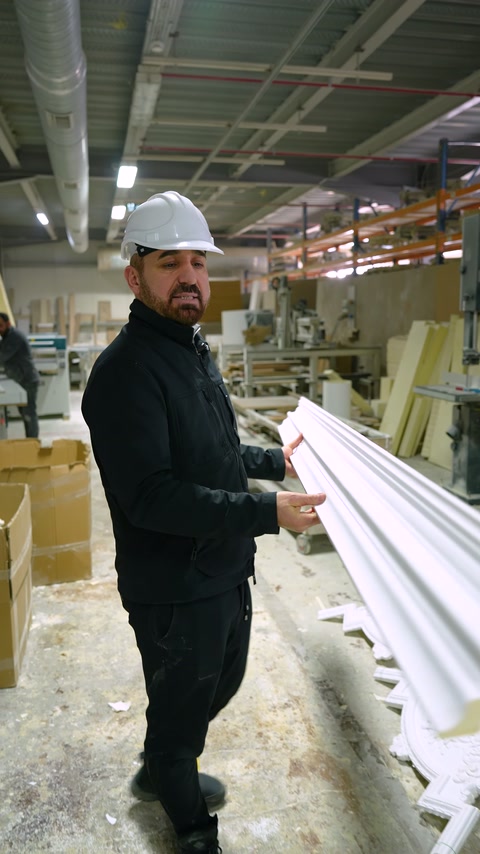 Çalışan kanal açılmış uzun parçayı atölyede iki eliyle tutuyor