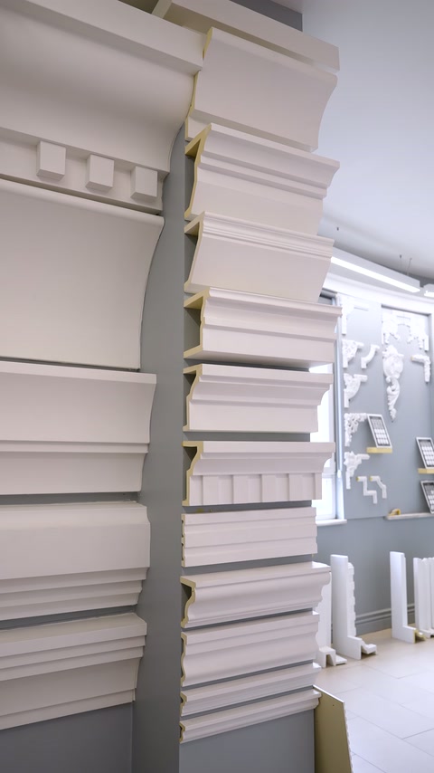 Showroom köşesinde sade ve bezemeli profil kesitleri dikey sırayla sunuluyor.