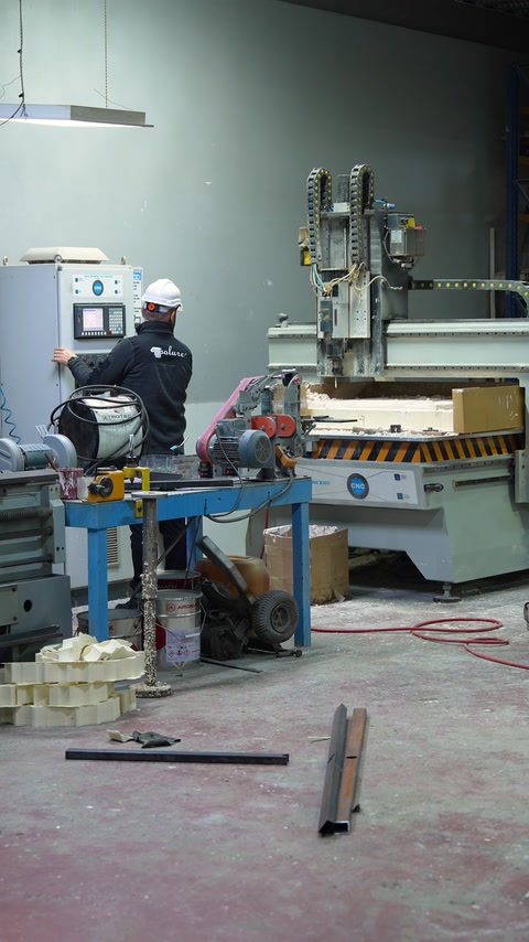 Fabrika sahasında CNC tezgâhı ve üretim ekipmanları birlikte görülüyor