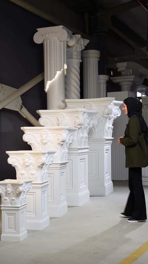 Sunucu, sıralanmış dekoratif sütun başlığı modellerini yakından inceliyor.