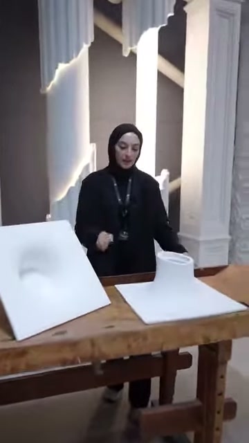 Sunucu showroom masasında iki poliüretan amorf aydınlatma modelini tanıtıyor