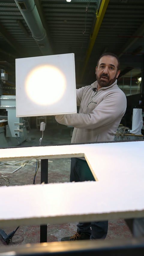 Usta, kare ışıklı paneli göğüs hizasında hafifçe eğerek sunuyor.