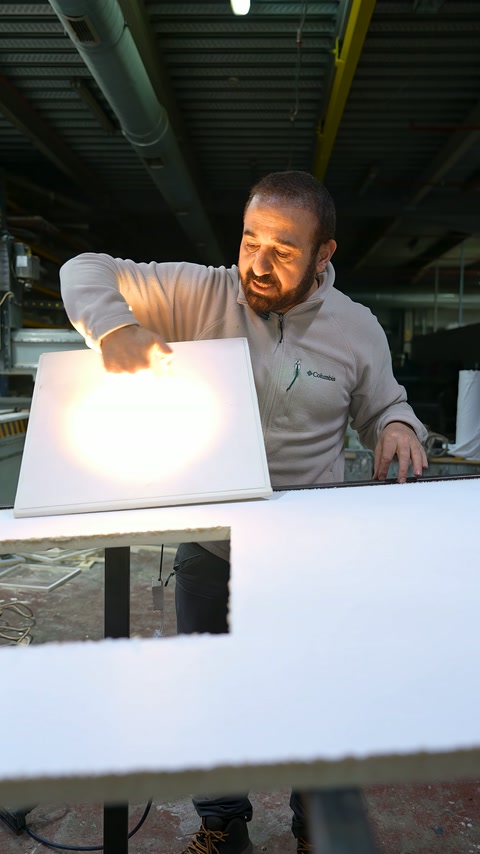 Aydınlatılmış amorf merkeze dokunan usta, panel yüzeyini kontrol ediyor.