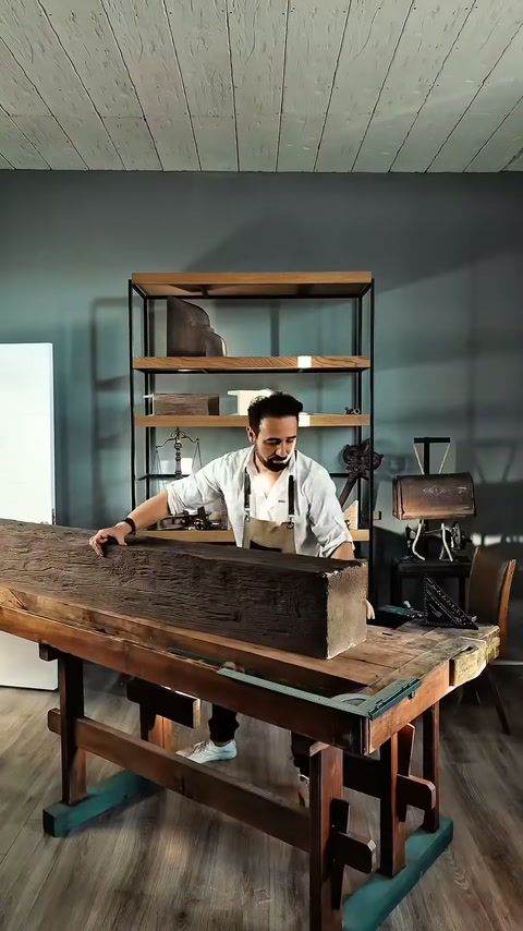 Usta, ahşap görünümlü kirişi çalışma tezgâhına yerleştiriyor.