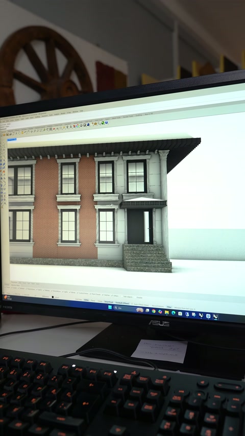 Tamamlanan villa modelinin ön cephesi bilgisayar ekranında görüntüleniyor
