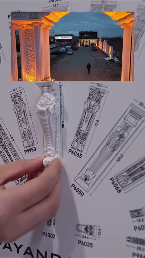Küçük beyaz numune, farklı payanda çizimleri arasında konumlandırılıyor.